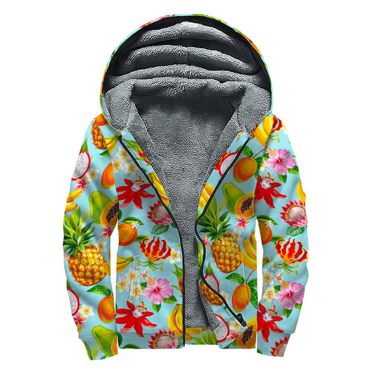 Hawaiian Tropical Fruits Pattern Print Sherpa Lined Zip Up Hoodie