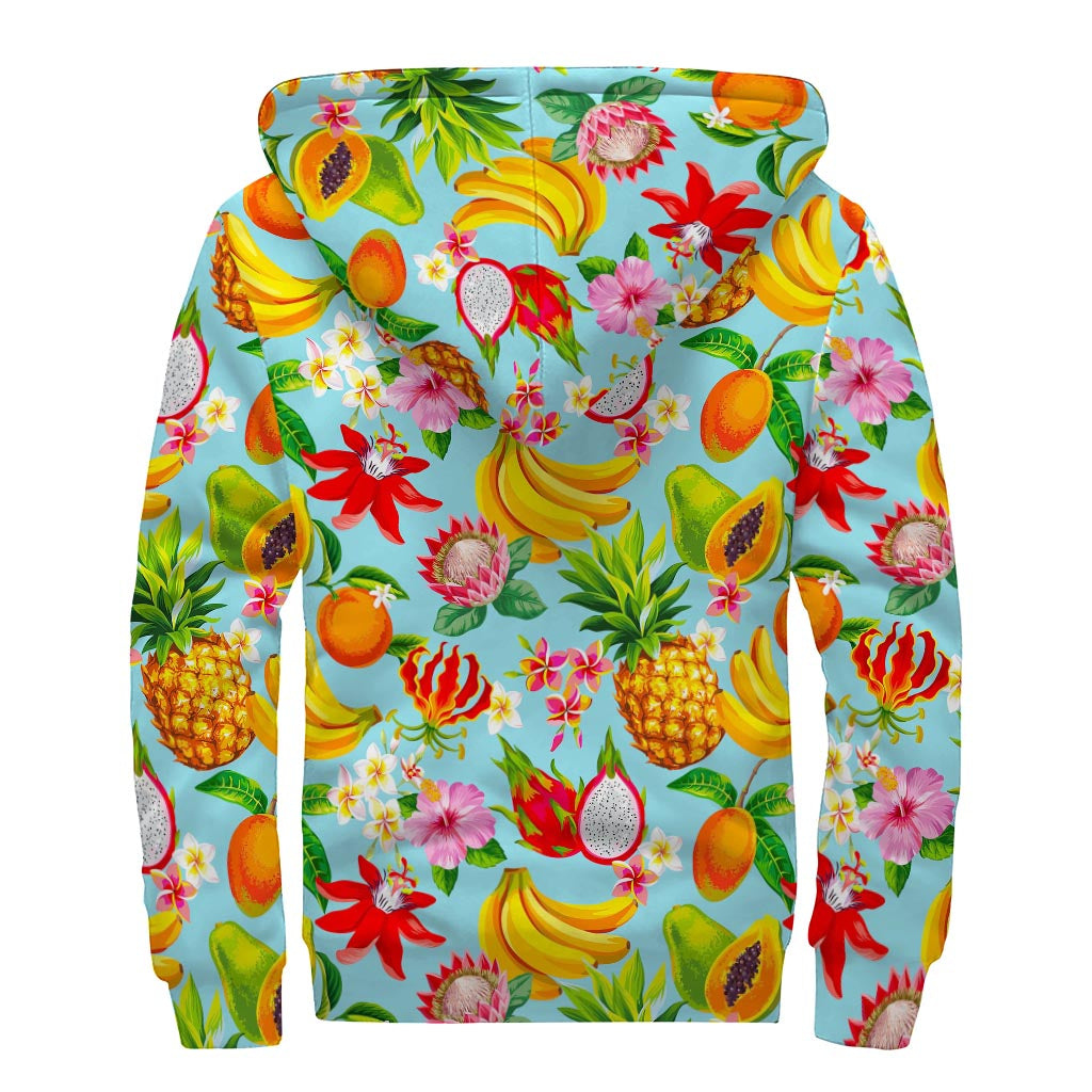 Hawaiian Tropical Fruits Pattern Print Sherpa Lined Zip Up Hoodie