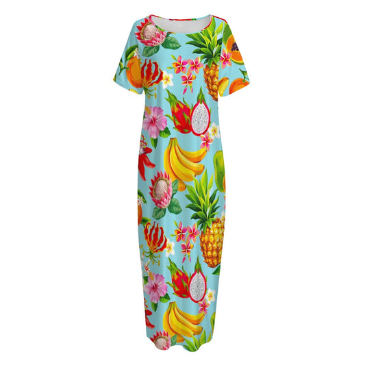 Hawaiian Tropical Fruits Pattern Print Short Sleeve Long Nightdress