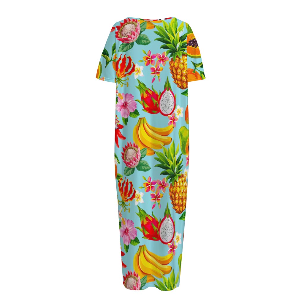 Hawaiian Tropical Fruits Pattern Print Short Sleeve Long Nightdress