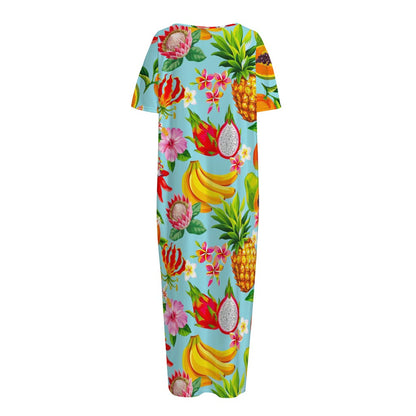 Hawaiian Tropical Fruits Pattern Print Short Sleeve Long Nightdress