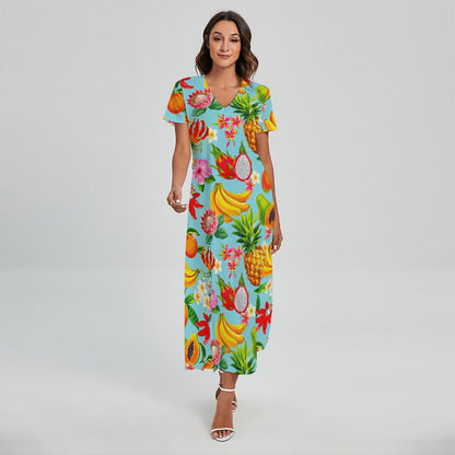 Hawaiian Tropical Fruits Pattern Print Short Sleeve Maxi Dress