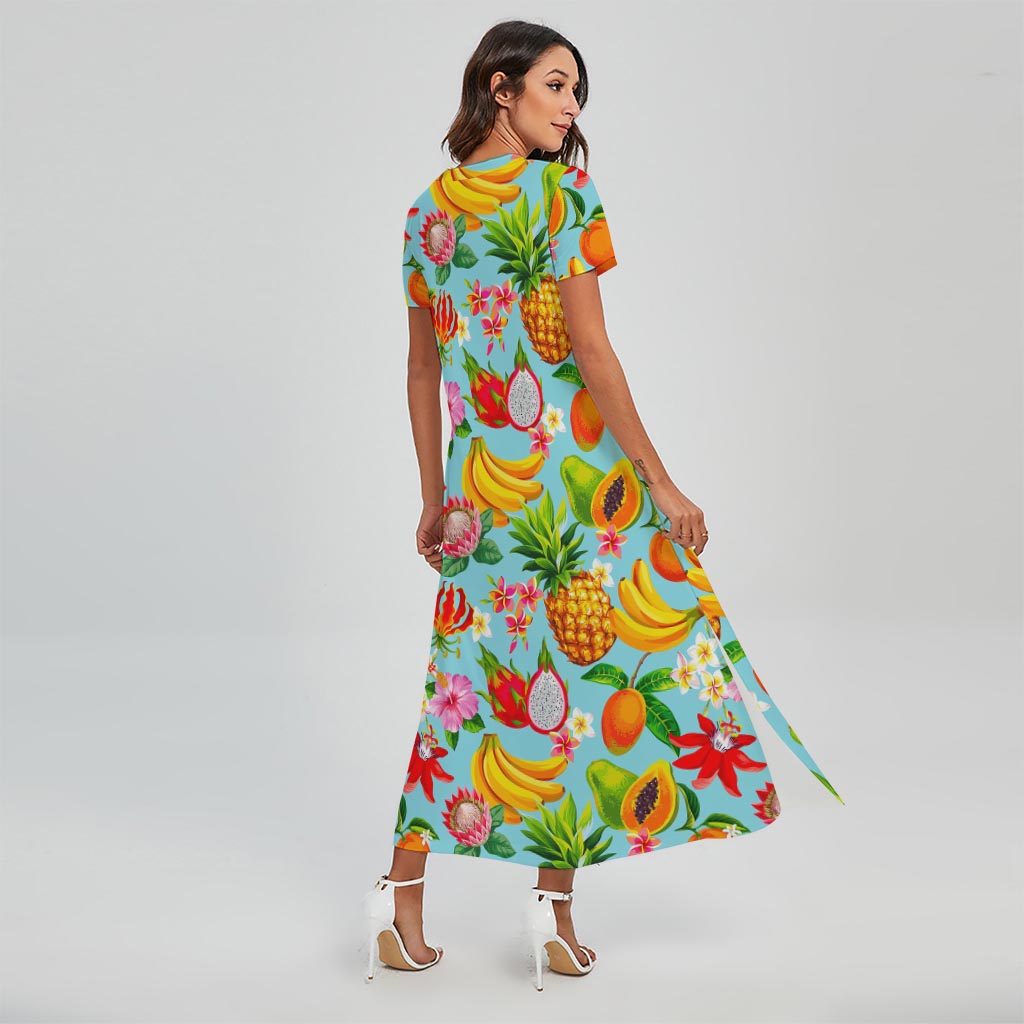 Hawaiian Tropical Fruits Pattern Print Short Sleeve Maxi Dress