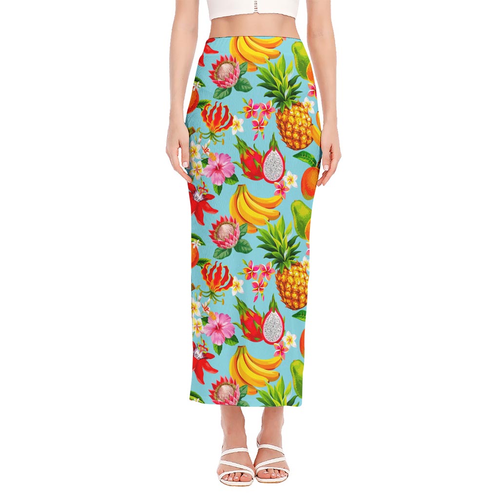 Hawaiian Tropical Fruits Pattern Print Side Slit Maxi Skirt