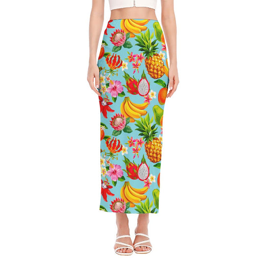 Hawaiian Tropical Fruits Pattern Print Side Slit Maxi Skirt