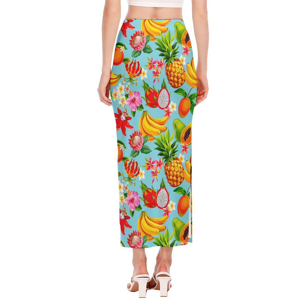 Hawaiian Tropical Fruits Pattern Print Side Slit Maxi Skirt