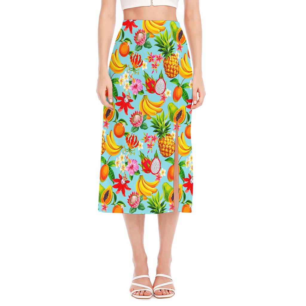 Hawaiian Tropical Fruits Pattern Print Side Slit Midi Skirt