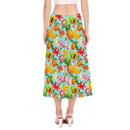 Hawaiian Tropical Fruits Pattern Print Side Slit Midi Skirt