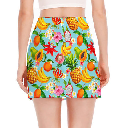 Hawaiian Tropical Fruits Pattern Print Side Slit Mini Skirt