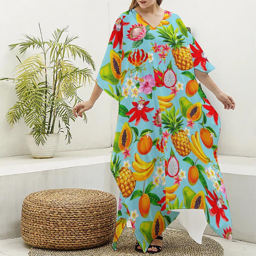 Hawaiian Tropical Fruits Pattern Print Silk V-Neck Kaftan Dress