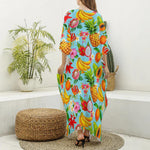Hawaiian Tropical Fruits Pattern Print Silk V-Neck Kaftan Dress