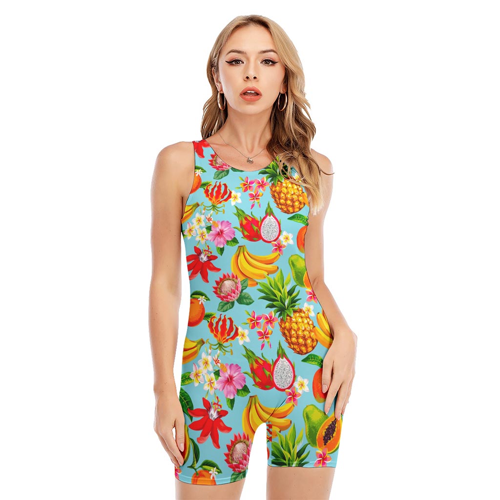 Hawaiian Tropical Fruits Pattern Print Sleeveless One Piece Swimsuit