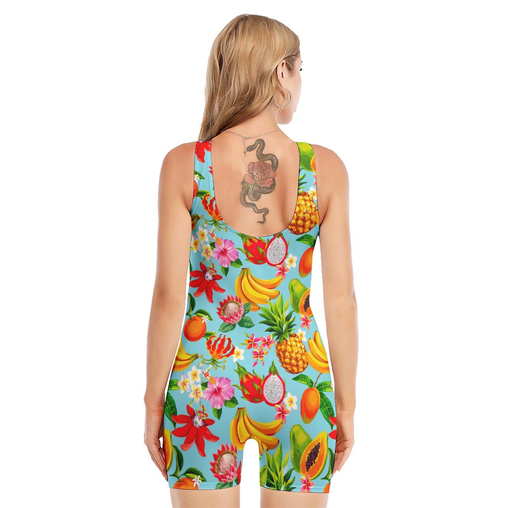 Hawaiian Tropical Fruits Pattern Print Sleeveless One Piece Swimsuit