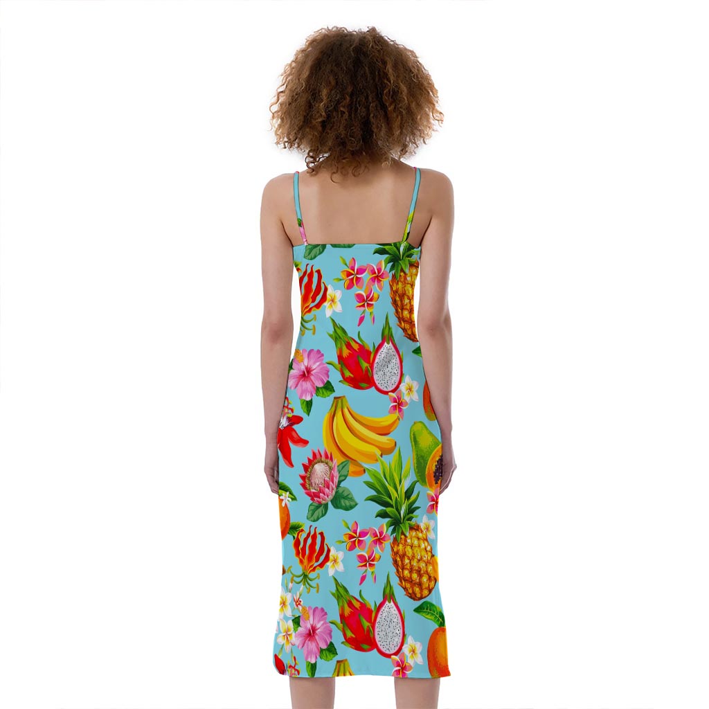 Hawaiian Tropical Fruits Pattern Print Slim Fit Midi Cami Dress