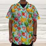 Hawaiian Tropical Fruits Pattern Print Textured Short Sleeve Shirt