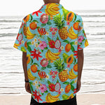 Hawaiian Tropical Fruits Pattern Print Textured Short Sleeve Shirt