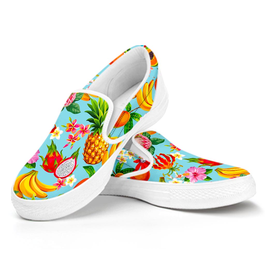 Hawaiian Tropical Fruits Pattern Print White Slip On Sneakers