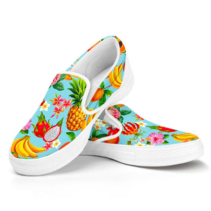 Hawaiian Tropical Fruits Pattern Print White Slip On Sneakers