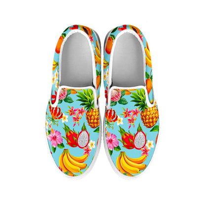 Hawaiian Tropical Fruits Pattern Print White Slip On Sneakers