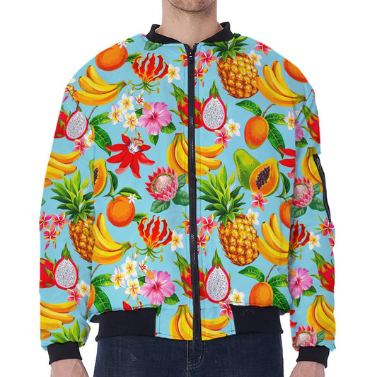 Hawaiian Tropical Fruits Pattern Print Zip Sleeve Bomber Jacket