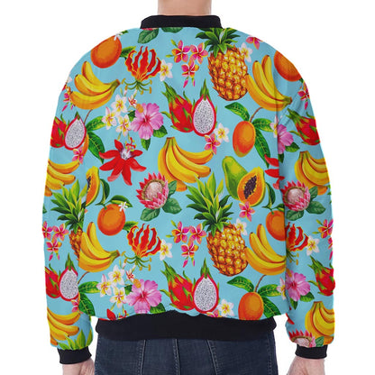 Hawaiian Tropical Fruits Pattern Print Zip Sleeve Bomber Jacket