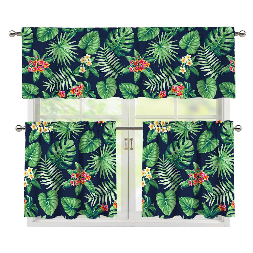 Hawaiian Tropical Leaves Pattern Print 3 Piece Kitchen Curtains