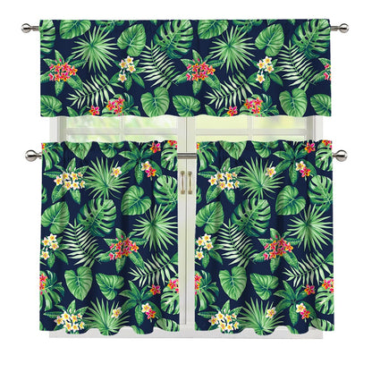 Hawaiian Tropical Leaves Pattern Print 3 Piece Kitchen Curtains