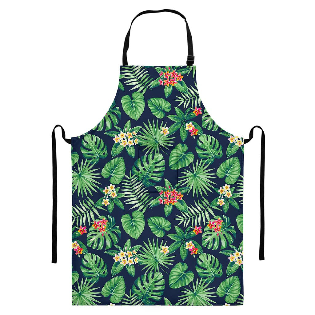 Hawaiian Tropical Leaves Pattern Print Bib Apron With Pocket