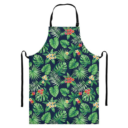 Hawaiian Tropical Leaves Pattern Print Bib Apron With Pocket