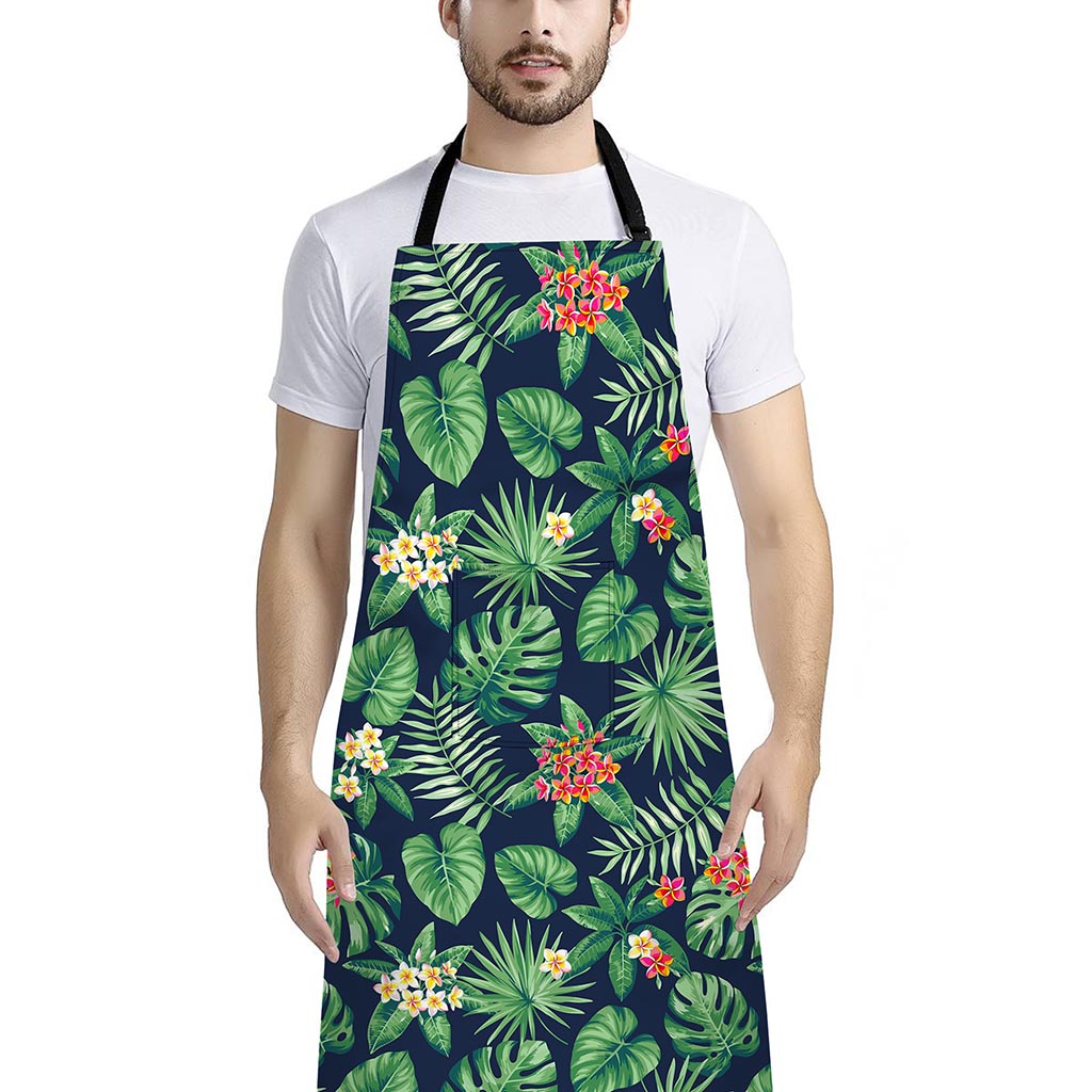 Hawaiian Tropical Leaves Pattern Print Bib Apron With Pocket