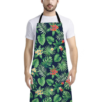 Hawaiian Tropical Leaves Pattern Print Bib Apron With Pocket