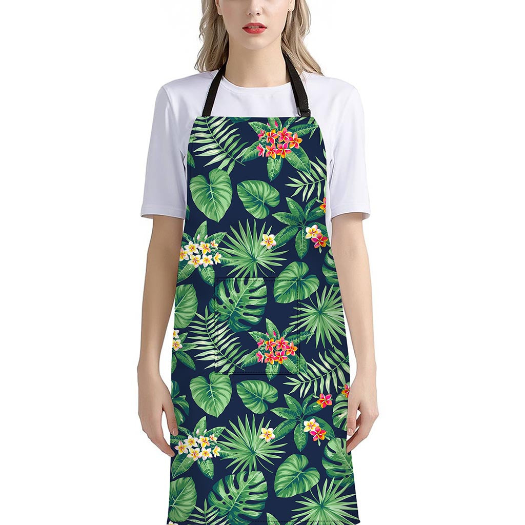 Hawaiian Tropical Leaves Pattern Print Bib Apron With Pocket