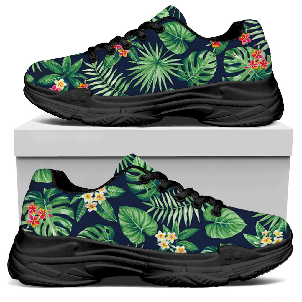 Hawaiian Tropical Leaves Pattern Print Black Chunky Shoes