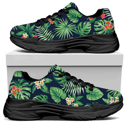 Hawaiian Tropical Leaves Pattern Print Black Chunky Shoes