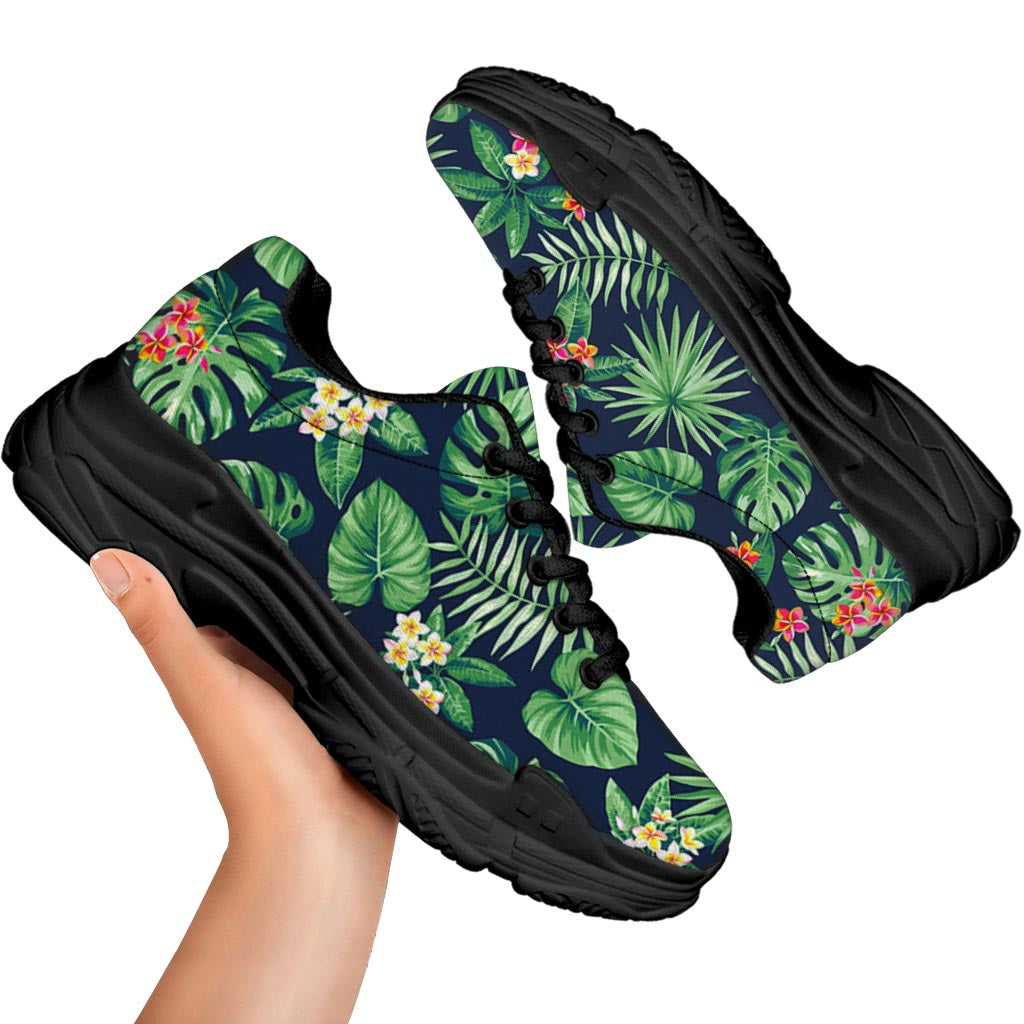 Hawaiian Tropical Leaves Pattern Print Black Chunky Shoes