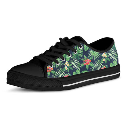 Hawaiian Tropical Leaves Pattern Print Black Low Top Sneakers