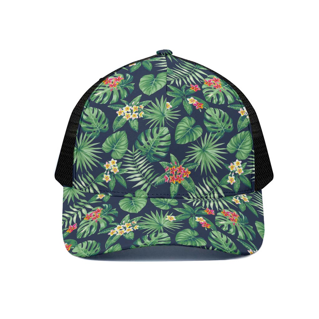 Hawaiian Tropical Leaves Pattern Print Black Mesh Trucker Cap