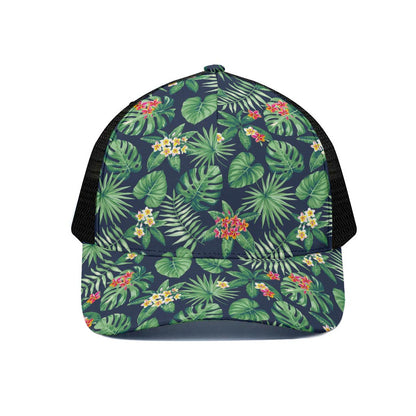 Hawaiian Tropical Leaves Pattern Print Black Mesh Trucker Cap