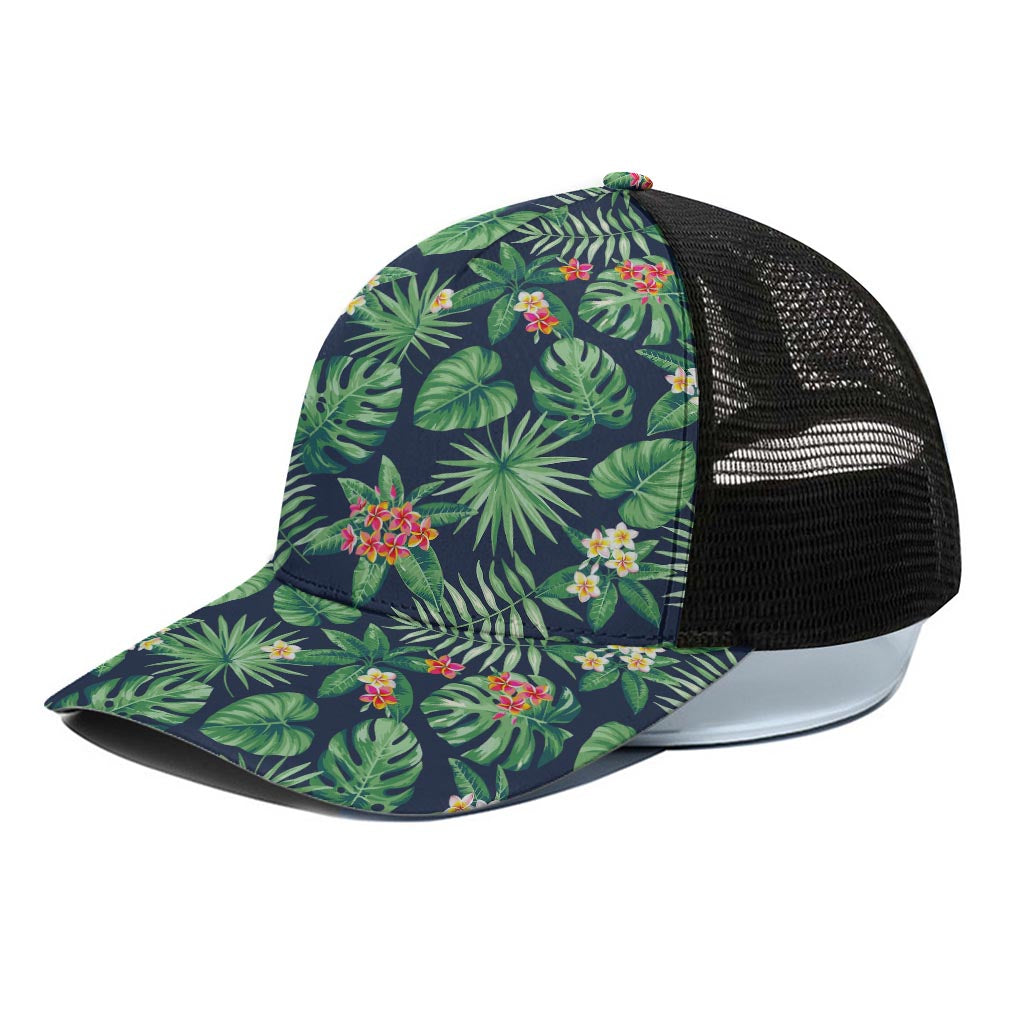 Hawaiian Tropical Leaves Pattern Print Black Mesh Trucker Cap
