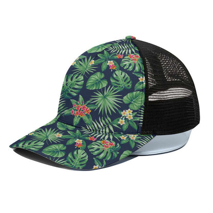 Hawaiian Tropical Leaves Pattern Print Black Mesh Trucker Cap