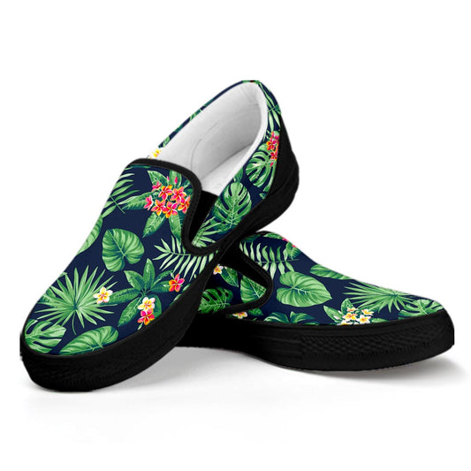 Hawaiian Tropical Leaves Pattern Print Black Slip On Sneakers