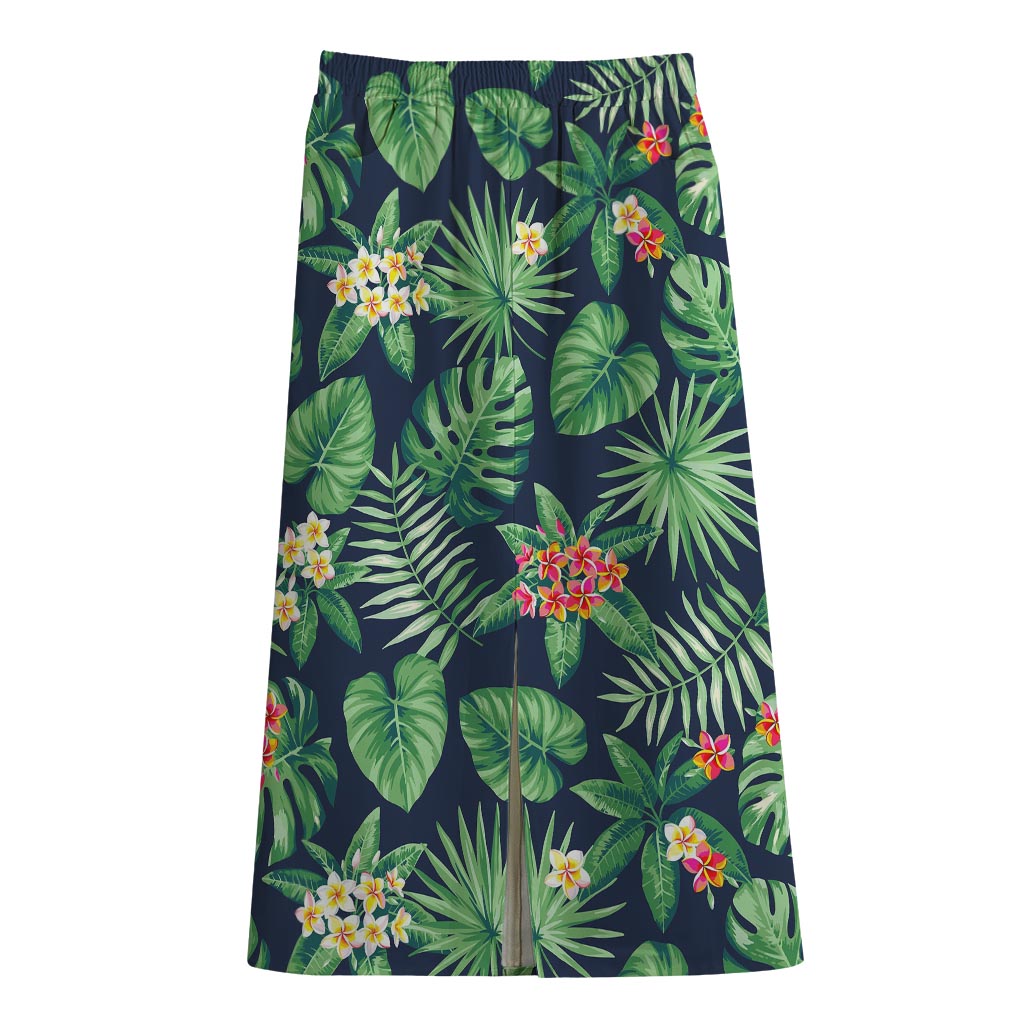Hawaiian Tropical Leaves Pattern Print Cotton Front Slit Maxi Skirt