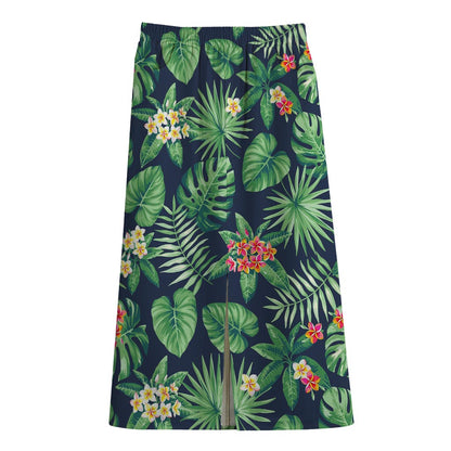 Hawaiian Tropical Leaves Pattern Print Cotton Front Slit Maxi Skirt