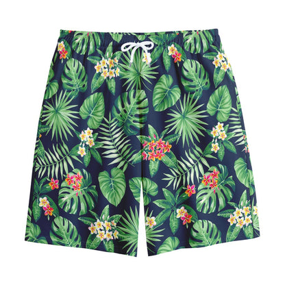 Hawaiian Tropical Leaves Pattern Print Cotton Shorts