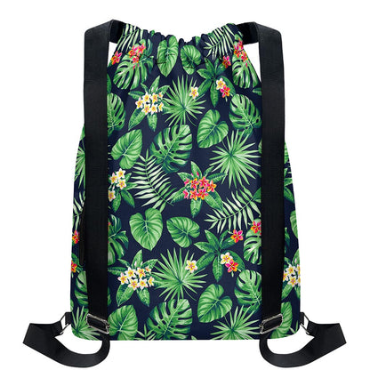 Hawaiian Tropical Leaves Pattern Print Drawstring Backpack