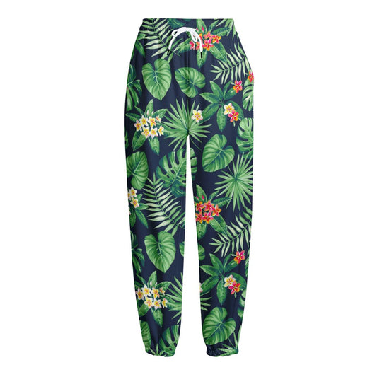 Hawaiian Tropical Leaves Pattern Print Fleece Lined Knit Pants