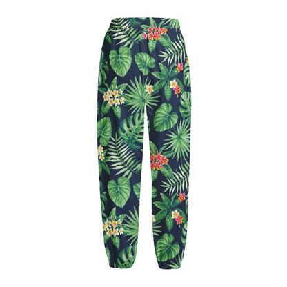 Hawaiian Tropical Leaves Pattern Print Fleece Lined Knit Pants