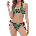 Hawaiian Tropical Leaves Pattern Print Halter Scoop Tie Side Bikini
