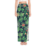 Hawaiian Tropical Leaves Pattern Print High Slit Maxi Skirt