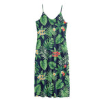 Hawaiian Tropical Leaves Pattern Print Jersey Midi Cami Dress